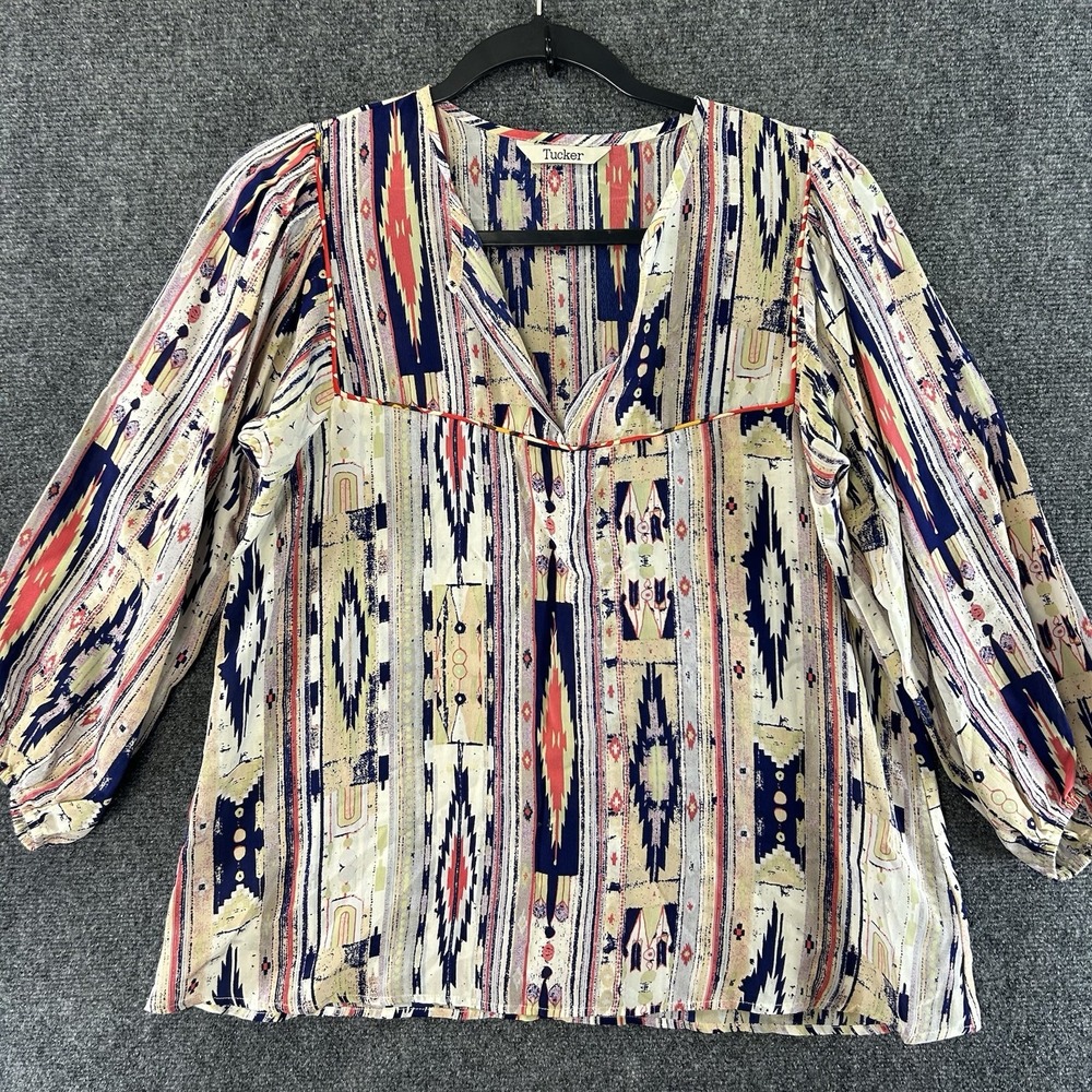 Tucker Blouse Geometric Aztec Print 100% Silk Sz M Flowy Quiet Luxury USA Made